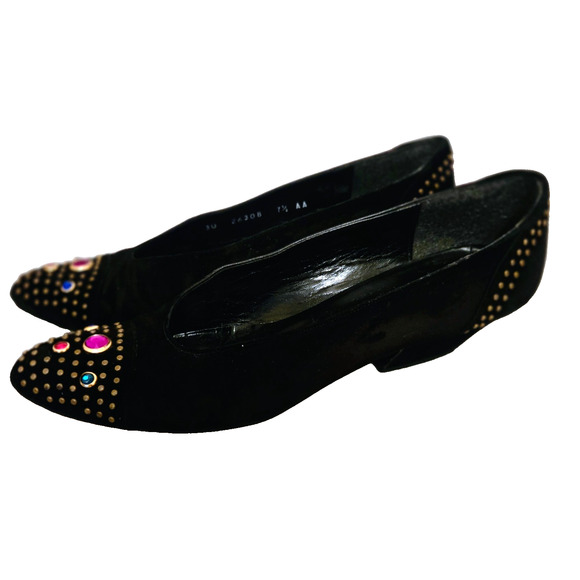 Vintage Stuart Weitzman Pumps 8.5 Black Suede with Crystal studs 80s - Picture 2 of 9